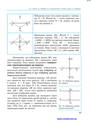 181
§ 
21. Задача на побудову та її розв’язування. Основні задачі на побудову
Побудуємо кола того самого радіуса з центра-
ми A і B . Нехай O1 — точка перетину цих
кіл, причому точки O і O1 лежать по різні
боки від прямої a .
Проведемо пряму OO1 . Нехай C — точка
перетину прямих OO1 і a . За побудовою
 
AOO BOO
1 1
= (за третьою ознакою). Звідси
∠ = ∠
AOC BOC . Тоді OC — бісектриса
рівнобедреного трикутника AOB , проведена
до основи. Вона також є медіаною й висотою
трикутника. Отже, OC a
⊥ , тобто пряма OO1
шукана.
O
O1
A B
a
O
O1
A B
C a
Зауважимо, що побудована пряма OO1 пер­
пендикулярна до відрізка AB і проходить через
його середину. Таку пряму називають середин-
ним перпендикуляром до відрізка.
Користуючись описаними побудовами,
­
нескладно розв’язувати задачі про побудову се­
ре­
дини даного відрізка й про побудову прямої,
­
паралельної даній.
Для побудови середини відрізка AB достат­
ньо провести два кола радіуса AB з центрами
в точках A і B (рис. 172). Позначивши точки
перетину цих кіл через O і O1 , можна визначи­
ти середину відрізка AB як точку перетину пря­
мих AB і OO1 , після чого провести доведення
аналогічно попередній задачі.
Для побудови прямої, що проходить через
дану точку O паралельно даній прямій a , достат­
ньо провести через точку O пряму b , перпенди­
кулярну до a , і пряму c , перпендикулярну до b
(рис. 173). Тоді a c
|| за теоремою про дві прямі,
перпендикулярні до третьої.
Рис. 172. Побудова середи­
ни відрізка
O
O1
A B
C
Рис. 173. Побудова прямої,
паралельної даній
c O
a
b
www.e-ranok.com.ua
 