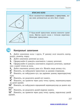 207
Підсумки
Вписане коло
Коло називається вписаним у трикутник, як­
що воно дотикається до всіх його сторін
У будь-який трикутник можна вписати єдине
коло. Центр цього кола є точкою перетину
бісектрис трикутника
	Контрольні запитання
1.	 Дайте означення кола і круга. У даному колі вкажіть центр,
радіус, діаметр, хорду.
2.	 Дайте означення дотичної до кола.
3.	 Сформулюйте й доведіть властивість і ознаку дотичної.
4.	 Сформулюйте й доведіть властивість відрізків дотичних, проведе­
них з однієї точки до кола.
5.	 Дайте означення дотику двох кіл. Назвіть види дотику кіл.
6.
*	 Поясніть, як побудувати трикутник за даними сторонами.
7.
*	 Поясніть, як побудувати кут, що дорівнює даному нерозгорнутому
куту.
8.
*	 Поясніть, як розділити даний кут навпіл.
9.
*	 Поясніть, як провести через дану точку пряму, перпендикулярну
до даної прямої.
10.
*	 Поясніть, як побудувати серединний перпендикуляр до даного від-
різка.
11.
*	 Поясніть, як розділити даний відрізок навпіл.
12.
*	 Поясніть, як провести через дану точку пряму, паралельну даній
прямій.
www.e-ranok.com.ua
 