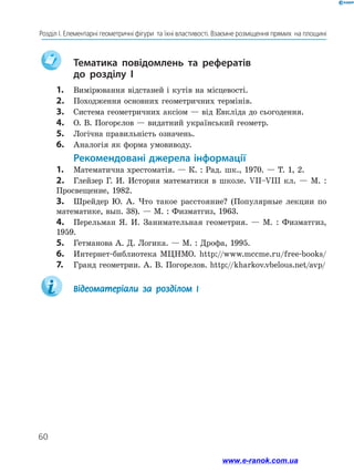 60
Розділ І. Елементарні геометричні фігури  та їхні властивості. Взаємне розміщення прямих  на площині
	 Тематика повідомлень та рефератів
	 до розділу I
1.	 Вимірювання відстаней і кутів на місцевості.
2.	 Походження основних геометричних термінів.
3.	 Система геометричних аксіом — від Евкліда до сьогодення.
4.	 О. В. Погорєлов — видатний український геометр.
5.	 Логічна правильність означень.
6.	 Аналогія як форма умовиводу.
Рекомендовані джерела інформації
1.	 Математична хрестоматія. — К. : Рад. шк., 1970. — Т. 1, 2.
2.	 Глейзер Г. И. История математики в школе. VII–VIII кл. — М. :
Просвещение, 1982.
3.	 Шрейдер Ю. А. Что такое расстояние? (Популярные лекции по
математике, вып. 38). — М. : Физматгиз, 1963.
4.	 Перельман Я. И. Занимательная геометрия. — М. : Физматгиз,
1959.
5.	 Гетманова А. Д. Логика. — М. : Дрофа, 1995.
6.	 Интернет-библиотека МЦНМО. http://www.mcсme.ru/free-books/
7.	 Гранд геометрии. А. В. Погорелов. http://kharkov.vbelous.net/avp/
	 Відеоматеріали за розділом І
www.e-ranok.com.ua
 