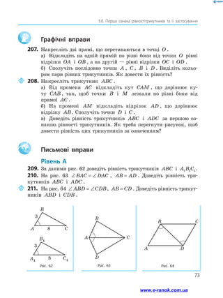 73
§ 
8. Перша ознака рівностітрикутників та її застосування
		Графічні вправи
207.	 Накресліть дві прямі, що перетинаються в точці O .
а)	 Відкладіть на одній прямій по різні боки від точки O рівні
відрізки OA і OB , а на другій — рівні відрізки OC і OD .
б)	 Сполучіть послідовно точки A , C , B і D . Виділіть кольо-
ром пари рівних трикутників. Як довести їх рівність?
	208.	Накресліть трикутник ABC .
а)	 Від променя AC відкладіть кут CAM , що дорівнює ку-
ту CAB , так, щоб точки B і M лежали по різні боки від
прямої AC .
б)	 На промені AM відкладіть відрізок AD , що дорівнює
відрізку AB. Сполучіть точки D і C .
в)	 Доведіть рівність трикутників ABC і ADC за першою оз-
накою рівності трикутників. Як треба перегнути рисунок, щоб
довести рівність цих трикутників за означенням?
Aa 		Письмові вправи
	Рівень А
209.	 За даними рис. 62 доведіть рівність трикутників ABC і A B C
1 1 1 .
210.	 На рис. 63 ∠ = ∠
BAC DAC , AB AD
= . Доведіть рівність три­
кутників ABC і ADC .
	211.	На рис. 64 ∠ = ∠
ABD CDB, AB CD
= . Доведіть рівність трикут­
ників ABD і CDB .
Рис. 63 Рис. 64	
Рис. 62
A
B
C
D
A D
C
B
C
B1
A1
C1
8
3
8
3
B
A C
8
3
B1
A1
C1
8
3
8
3
www.e-ranok.com.ua
 