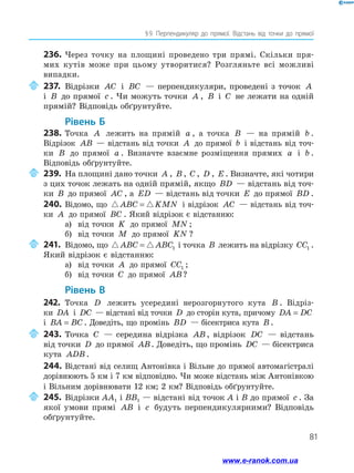 81
§ 
9. Перпендикуляр до прямої. Відстань від точки до прямої
236.	Через точку на площині проведено три прямі. Скільки пря-
мих кутів може при цьому утворитися? Розгляньте всі можливі
ви­
падки.
	237.	Відрізки AC і BC — перпендикуляри, проведені з точок A
і B до прямої c . Чи можуть точки A , B і C не лежати на одній
прямій? Відповідь обґрунтуйте.
	Рівень Б
238.	Точка A лежить на прямій a , а точка B — на прямій b .
Відрізок AB — відстань від точки A до прямої b і відстань від точ-
ки B до прямої a . Визначте взаємне розміщення прямих a і b .
Відповідь обґрунтуйте.
	239.	На площині дано точки A , B , C , D , E . Визначте, які чотири
з цих точок лежать на одній прямій, якщо BD — відстань від точ-
ки B до прямої AC , а ED — відстань від точки E до прямої BD .
240.	Відомо, що  
ABC KMN
= і відрізок AC — відстань від точ-
ки A до прямої BC . Який відрізок є відстанню:
а)	 від точки K до прямої MN ;
б)	 від точки M до прямої KN ?
	241.	Відомо, що  
ABC ABC
= 1 і точка B лежить на відрізку CC1 .
Який відрізок є відстанню:
а)	 від точки A до прямої CC1 ;
б)	 від точки C до прямої AB?
	Рівень В
242.	 Точка D лежить усередині нерозгорнутого кута B . Відріз-
ки DA і DC — відстані від точки D до сторін кута, причому DA DC
=
і BA BC
= . Доведіть, що промінь BD — бісектриса кута B .
	243.	Точка C — середина відрізка AB, відрізок DC — відстань
від точки D до прямої AB. Доведіть, що промінь DC — бісектриса
кута ADB .
244.	Відстані від селищ Антонівка і Вільне до прямої автомагістралі
дорівнюють 5 км і 7 км відповідно. Чи може відстань між Антонівкою
і Вільним дорівнювати 12 км; 2 км? Відповідь обґрунтуйте.
	245.	Відрізки АА1 і ВВ1 — відстані від точок А і В до прямої c . За
якої умови прямі AB і c будуть перпендикулярними? Відповідь
обґрунтуйте.
www.e-ranok.com.ua
 