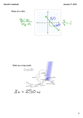 Geom8­1.notebook                                                                                                                       January 17, 2012



        Slope as a ratio:                                       6
                                                                        y

                                                                5
                                                                4
                                                                3
                                                                2
                                                                1
                                                                                                                                   x

                                 ­6   ­5   ­4   ­3   ­2   ­1     0              1               2            3         4   5   6
                                                               ­1
                                                               ­2
                                                               ­3
                                                               ­4
                                                               ­5
                                                               ­6




                                                                                                                      15


                                                                                                                  14


                                                                                                                 13
                                                                                                        5

                                                                                                             12


                                                                                                            11


                                                                                            4
                                                                                                        10


                                                                                                        9


                                                                                                    8
                                                                                    3

                                                                                                7


                                                                                            6

         Ratio as a map scale:                                          2
                                                                                        5


                                                                                    4


                                                                                3
                                                                1

                                                                            2


                                                                        1
                                                               80°
                                                           0        0




                                                                                                                                                          3
 