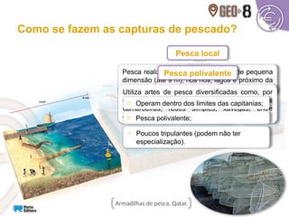 Como se fazem as capturas de pescado?
Pesca realizada pelas embarcações de pequena
dimensão (até 9 m), nos rios, lagos e próximo da
costa.
Pesca local
Utiliza artes de pesca diversificadas como, por
exemplo, aparelhos de anzóis, armadilhas, redes
camaroeiras, redes simples, xávegas, entre
outras.
Pesca polivalente
Armadilhas de pesca, Qatar.
o Operam dentro dos limites das capitanias;
o Pesca polivalente;
o Poucos tripulantes (podem não ter
especialização).
 