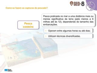 Como se fazem as capturas de pescado?
Pesca praticada no mar a uma distância mais ou
menos significativa de terra (pelo menos a 6
milhas até às 12), dependendo do tamanho das
embarcações.
Pesca
costeira
o Operam entre algumas horas ou até dias;
o Utilizam técnicas diversificadas.
 