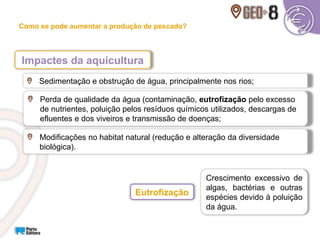 Sedimentação e obstrução de água, principalmente nos rios;
Impactes da aquicultura
Perda de qualidade da água (contaminação, eutrofização pelo excesso
de nutrientes, poluição pelos resíduos químicos utilizados, descargas de
efluentes e dos viveiros e transmissão de doenças;
Modificações no habitat natural (redução e alteração da diversidade
biológica).
Crescimento excessivo de
algas, bactérias e outras
espécies devido à poluição
da água.
Eutrofização
Como se pode aumentar a produção de pescado?
 