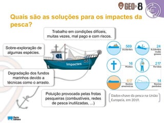 Quais são as soluções para os impactes da
pesca?
Trabalho em condições difíceis,
muitas vezes, mal pago e com riscos.
Sobre-exploração de
algumas espécies.
Poluição provocada pelas frotas
pesqueiras (combustíveis, redes
de pesca inutilizadas, ...)
Degradação dos fundos
marinhos devido a
técnicas como o arrasto.
Sobrepesca
Atividade pesqueira
excessiva, de que resulta
a captura de uma
quantidade de pescado
superior à que é gerada
por via da reprodução
natural.
Dados-chave da pesca na União
Europeia, em 2019.
 