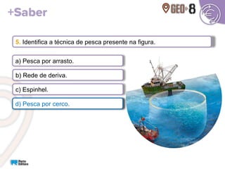 5. Identifica a técnica de pesca presente na figura.
a) Pesca por arrasto.
b) Rede de deriva.
c) Espinhel.
d) Pesca por cerco.
d) Pesca por cerco.
 