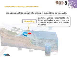 São vários os fatores que influenciam a quantidade de pescado.
Corrente vertical ascendente de
águas profundas e frias, ricas em
nutrientes depositados nos fundos
marinhos.
Upwelling
Que fatores influenciam a pesca mundial?
 