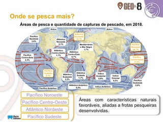 Pacífico Noroeste
Áreas com características naturais
favoráveis, aliadas a frotas pesqueiras
desenvolvidas.
Onde se pesca mais?
Áreas de pesca e quantidade de capturas de pescado, em 2018.
Ártico Ártico
Pacífico
Nordeste
3,9%
Pacífico
Centro-Este
2,3%
Pacífico
Sudeste
9,7%
Pacífico Antártico
Atlântico Antártico
0,5%
Atlântico
Centro-Oeste
1,7%
Atlântico
Noroeste
2,1%
Atlântico
Nordeste
10,1%
Mediterrâneo
e Mar Negro
1,7%
Atlântico
Sudoeste
2,2%
Atlântico
Sudeste
1,7%
índico Antártico
Índico
Ocidental
6,8%
Índico
Oriental
8,5%
Pacífico
Noroeste
24,1%
Pacífico
Centro-Oeste
17,3%
Pacífico
Sudoeste
0,6%
Atlântico
Centro-Este
6,7%
Pacífico
Sudeste
9,7%
Atlântico
Nordeste
10,1%
Pacífico
Noroeste
24,1%
Pacífico
Centro-Oeste
17,3%
Pacífico Centro-Oeste
Atlântico Nordeste
Pacífico Sudeste
 