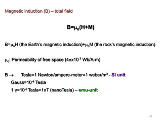 41
Magnetic induction (B) – total field
B=o(H+M)
B=oH (the Earth’s magnetic induction)+oM (the rock’s magnetic induction)
o: Permeability of free space (4x10-7 Wb/A-m)
B  Tesla=1 Newton/ampere-meter=1 weber/m2 - SI unit
Gauss=10-4 Tesla
1 γ=10-9 Tesla=1nT (nanoTesla) – emu-unit
 
