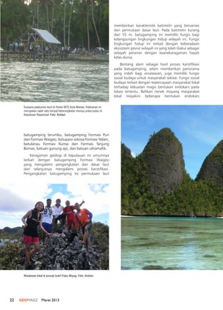 22 GEOMAGZ Maret 2013
batugamping terumbu, batugamping Formasi Puri
dan Formasi Waigeo, batupasir arkosa Formasi Yeben,
batulanau Formasi Rumai dan Formasi Tanjung
Bomas, batuan gunung api, dan batuan ultramafik.
Keragaman geologi di kepulauan ini umumnya
terkait dengan batugamping Formasi Waigeo
yang mengalami pengangkatan dari dasar laut
dan selanjutnya mengalami proses karstifikasi.
Pengangkatan batugamping ke permukaan laut
memberikan karakteristik batimetri yang bervariasi
dari permukaan dasar laut. Pada batimetri kurang
dari 55 m, batugamping ini memiliki fungsi bagi
kelangsungan lingkungan hidup wilayah ini. Fungsi
lingkungan hidup ini terkait dengan keberadaan
ekosistem pesisir wilayah ini yang telah diakui sebagai
wilayah perairan dengan keanekaragaman hayati
kelas dunia.
Bentang alam sebagai hasil proses karstifikasi
pada batugamping, selain memberikan panorama
yang indah bagi wisatawan, juga memiliki fungsi
sosial budaya untuk masyarakat sekitar. Fungsi sosial
budaya terkait dengan kepercayaan masyarakat lokal
terhadap kekuatan magis bentukan endokars pada
lokasi tertentu. Bahkan nenek moyang masyarakat
lokal meyakini beberapa bentukan endokars
Suasana pelabuhan kecil di Pantai WTC Kota Waisea. Pelabuhan ini
merupakan salah satu tempat keberangkatan menuju pulau-pulau di
Kepulauan Rajaampat. Foto: Andiani
Wisatawan lokal di puncak bukit Pulau Wayag. Foto: Andiani
 
