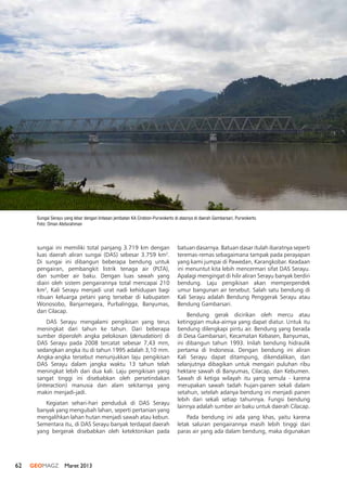 62 GEOMAGZ Maret 2013
sungai ini memiliki total panjang 3.719 km dengan
luas daerah aliran sungai (DAS) sebesar 3.759 km2
.
Di sungai ini dibangun beberapa bendung untuk
pengairan, pembangkit listrik tenaga air (PLTA),
dan sumber air baku. Dengan luas sawah yang
diairi oleh sistem pengairannya total mencapai 210
km2
, Kali Serayu menjadi urat nadi kehidupan bagi
ribuan keluarga petani yang tersebar di kabupaten
Wonosobo, Banjarnegara, Purbalingga, Banyumas,
dan Cilacap.
DAS Serayu mengalami pengikisan yang terus
meningkat dari tahun ke tahun. Dari beberapa
sumber diperoleh angka pelokosan (denudation) di
DAS Serayu pada 2008 tercatat sebesar 7,43 mm,
sedangkan angka itu di tahun 1995 adalah 3,10 mm.
Angka-angka tersebut menunjukkan laju pengikisan
DAS Serayu dalam jangka waktu 13 tahun telah
meningkat lebih dari dua kali. Laju pengikisan yang
sangat tinggi ini disebabkan oleh persetindakan
(interaction) manusia dan alam sekitarnya yang
makin menjadi-jadi.
Kegiatan sehari-hari penduduk di DAS Serayu
banyak yang mengubah lahan, seperti pertanian yang
mengalihkan lahan hutan menjadi sawah atau kebun.
Sementara itu, di DAS Serayu banyak terdapat daerah
yang bergerak disebabkan oleh ketektonikan pada
batuan dasarnya. Batuan dasar itulah ibaratnya seperti
teremas-remas sebagaimana tampak pada perayapan
yang kami jumpai di Pawedan, Karangkobar. Keadaan
ini menuntut kita lebih mencermari sifat DAS Serayu.
Apalagi mengingat di hilir aliran Serayu banyak berdiri
bendung. Laju pengikisan akan memperpendek
umur bangunan air tersebut. Salah satu bendung di
Kali Serayu adalah Bendung Penggerak Serayu atau
Bendung Gambarsari.
Bendung gerak dicirikan oleh mercu atau
ketinggian muka-airnya yang dapat diatur. Untuk itu
bendung dilengkapi pintu air. Bendung yang berada
di Desa Gambarsari, Kecamatan Kebasen, Banyumas,
ini dibangun tahun 1993. Inilah bendung hidraulik
pertama di Indonesia. Dengan bendung ini aliran
Kali Serayu dapat ditampung, dikendalikan, dan
selanjutnya dibagikan untuk mengairi puluhan ribu
hektare sawah di Banyumas, Cilacap, dan Kebumen.
Sawah di ketiga wilayah itu yang semula - karena
merupakan sawah tadah hujan-panen sekali dalam
setahun, setelah adanya bendung ini menjadi panen
lebih dari sekali setiap tahunnya. Fungsi bendung
lainnya adalah sumber air baku untuk daerah Cilacap.
Pada bendung ini ada yang khas, yaitu karena
letak saluran pengairannya masih lebih tinggi dari
paras air yang ada dalam bendung, maka digunakan
Sungai Serayu yang lebar dengan lintasan jembatan KA Cirebon-Purwokerto di atasnya di daerah Gambarsari, Purwokerto.
Foto: Oman Abdurahman
 