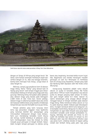 76 GEOMAGZ Maret 2013
Candi Arjuna, daya tarik utama wisata percandian di Dieng. Foto: Oman Abdurahman
dengan air Serayu di hilirnya yang sangat keruh. Tak
tahan, kami hampir serempak membasuh wajah dan
rambut dengan air itu. Ada rasa bangga tersendiri,
karena kami mencapai hulu Serayu, sungai besar di
Jawa Tengah itu.
Akhirnya, sampai juga perjalanan kami di dataran
tinggi Dieng. Nama “Dieng” yang berasal kata Di
Hyang yang berarti ‘ardi tempat tinggal para Dewa’
menyiratkan letaknya di tempat yang tinggi (ardi atau
gunung). Memang Dieng merupakan plato (plateau)
atau dataran tinggi yang berada pada ketinggian
2.000 meter di atas muka laut. Secara geologi,
dataran tinggi ini sebenarnya adalah dasar atau lantai
dari kawasan kaldera besar yang sewaktu di beberapa
tempat berupa rawa dari Komplek Gunung api Dieng.
Tempat pertama yang kami kunjungi disini
tentu saja percandian tinggalan masa Syailendra
yang namanya diambil dari pewayangan yang
menunjukkan keterpautan dengan masa lampau.
Kami pun mendatangi kompleks Candi Arjuna
dan lainnya. Sambil berdiskusi di pelataran candi,
kami membayangkan masa lalu tempat itu ketika
menjadi pusat pemujaan di tengah lembah. Bukan
tidak mungkin tempat pemujaan itu dahulu sering
berair atau tergenang, terumata ketika musim hujan
tiba. Bagaimana cara mereka menangani masalah
genangan air saat itu? Pertanyaan ini membawa
kami ke Urung-urung Aswatama, tempat yang sejak
dari Bandung telah dijanjikan oleh Pak Purbo untuk
dikunjungi.
Urung-urung Aswatama adalah nama sebuah
saluran air purba di kompleks Dieng. Pak Purbo
pada tahun 1970-an masih menyaksikan sisa saluran
purba itu dengan panjang tidak sampai 10 meter,
dan garis tengah sekitar 0,5 meter. Saluran itu
sejenis terowongan yang sengaja dibuat dengan
menggali batuan di tempat terendah pada dataran
tinggi Dieng. Maka menelusuri bekas saluran air tua
itu pada dasarnya adalah melacak jejak kebudayaan
lama, mungkin termasuk teknik kuno bangunan air,
di kompleks Candi Dieng. Bangunan itu dibuat untuk
menghindari air agar tidak menjadi rawa yang dapat
merendam komplek candi tempat peribadatan itu.
Sayang, teknologi dari periode pra Hindu itu kini
sudah tak berbekas lagi karena di tempat itu kini
dibangun jalan raya dan dibawahnya terkubur pipa
uap panas bumi. Letaknya berada di bagian paling
rendah dari lembah Dieng pada jalan raya yang
 
