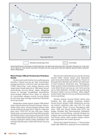 82 GEOMAGZ Maret 2013
a l i r a n S u n g a i P r o g o
a i S i l el i r n g a na n S u g
Pregiwo
Kaliduren
Tuksongo
Pegunungan Menoreh
Ngargogondo
Bumisegoro
Candi Borobudur
235 m dpl, 842 M
Area daratanInterpretasi area genangan danau
1133-1135 M
740 +/- 70 tyl
1329-1343 M
680 +/- 90 tyl
1005-1006 M
850 +/- 90 tyl
Ilustrasi lokasi Candi Borobudur yang dibangun di tengah-tengah danau, bak ceplok bunga teratai
yang tumbuh di atas kolam (digambar oleh Hadianto berdasarkan sketsa Sri Mulyaningsih)
Misteri Pralaya 1006 dan Pembentukan Perbukitan
Gendol
Kondisi candi-candi di sekitar Gunung Merapi yang
tertimbun material gunung api telah menimbulkan
berbagai penafsiran, antara lain oleh Van Bemmelen
(1949). Menurutnya, suatu pralaya (bencana yang
sangat besar) terjadi pada tahun 1006 akibat letusan
maha-dahsyat Gunung Merapi. Begitu dahsyatnya
letusan itu sehingga menyebabkan berpindahnya
pusat Kerajaan Mataram Kuno. Selain itu, bencana
itu meruntuhkan sebagian puncak Gunung Merapi
ke arah barat daya sehingga membentuk Perbukitan
(Gunung) Gendol.
Berdasarkan catatan sejarah, pralaya 1006 disebut
dalam Calcutta Stone dan Prasasti Pucangan. Namun,
setelah dikaji ulang, ternyata kejadian tersebut tidak
pernah berlangsung pada tahun 1006 M, melainkan
pada tahun 1016-1017 M atau 928 çaka. Pralaya
terjadi pada masa pemerintahan Raja Dharmawangsa
dari Wangsa Isyana, yang kerajaannya berada di Jawa
Timur, di dekat delta Sungai Brantas. Di dalam prasasti
tersebut disebutkan bahwa pralaya disebabkan oleh
serangan Raja Wurawari, bukan oleh letusan Gunung
Merapi.
Bencana alam akibat letusan gunung api memang
tercatat dalam Prasasti Rukam yang dikeluarkan
pada masa pemerintahan Dyah Balitung. Prasasti ini
berangka tahun 829 çaka atau 907 M, dan ditemukan
di Desa Gondosuli, Kecamatan Bulu, Temanggung.
Dalam prasasti tersebut dikatakan bahwa Desa Rukam
rusak akibat letusan gunung api, tapi nama gunung
api itu tidak disebutkan. Mungkin saja gunung yang
dimaksud adalah Gunung Sumbing, sebab wilayah
tersebut lebih dekat ke Gunung Sumbing ketimbang
ke Gunung Merapi.
Aktivitas terbesar Gunung Merapi sendiri yang
terrekam dari data geologi, berasosiasi dengan
letusan-letusan dengan indeks eksplosivitas gunung
api (volcanic explosivity index atau VEI) 3-4; yang
setara dengan letusan Gunung Galunggung pada
tahun 1982 atau letusan Merapi pada 2010. Jika
pralaya terhadap Raja Dharmawangsa disebabkan
oleh letusan Gunung Merapi, mestinya terdapat sisa
endapan yang mempunyai korelasi dengan endapan
hasil letusan sekitar waktu tersebut dengan volume
yang sangat besar dan mudah dijumpai.
Ditinjau dari sejarah letusannya, 11 letusan besar
terjadi sejak 3000 tahun yang lalu di Gunung Merapi.
Ilustrasi Candi Borobudur yang dibangun di tengah-tengah danau, bak ceplok bunga teratai yang tumbuh di atas kolam. Keterangan: dpl = di atas muka
laut, M = Masehi, tyl = tahun yang lalu; tanda panah menunjukkan arah aliran sungai; gambar tanpa skala. (Digambar ulang oleh Hadianto, berdasarkan
sketsa Sri Mulyaningsih)
 