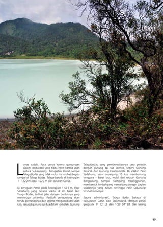 99
Foto: SR. Wittiri
Foto: T. Bachtiar
L
unas sudah. Rasa penat karena guncangan
dalam kendaraan yang tiada henti karena jalan
antara Sukawening, Kabupaten Garut sampai
Talaga Bodas yang tidak mulus itu terobati begitu
sampai di Talaga Bodas. Telaga berada di ketinggian
+ 1.720 m atau 1.020 m dari dataran Garut.
Di pertigaan Patrol pada ketinggian 1.574 m, Pasir
Sadahurip yang berada sekitar 4 km barat laut
Talaga Bodas, terlihat jelas dengan bentuknya yang
menyerupai piramida. Pastilah pengunjung akan
tersita perhatiannya dan segera mengabadikan salah
satu kerucut gunung api tua dalam kompleks Gunung
Talagabodas yang pembentukannya satu periode
dengan gunung api tua lainnya, seperti Gunung
Karacak dan Gunung Candramerta. Di selatan Pasir
Sadahurip, sesar sepanjang 15 km membentang
tenggara – barat laut, mulai dari selatan Gunung
Bungbulang sampai Kampung Pasanggrahan,
membentuk lembah yang memanjang dengan bagian
selatannya yang turun, sehingga Pasir Sadahurip
terlihat menonjol.
Secara administratif, Talaga Bodas berada di
Kabupaten Garut dan Tasikmalaya, dengan posisi
geografis 70
12’ LS dan 1080
04’ BT. Dari lereng
 