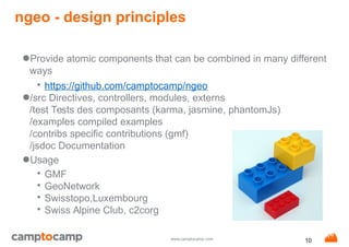 www.camptocamp.com
ngeo - design principles
●Provide atomic components that can be combined in many different
ways
• https://github.com/camptocamp/ngeo
●/src Directives, controllers, modules, externs
/test Tests des composants (karma, jasmine, phantomJs)
/examples compiled examples
/contribs specific contributions (gmf)
/jsdoc Documentation
●Usage
• GMF
• GeoNetwork
• Swisstopo,Luxembourg
• Swiss Alpine Club, c2corg
10
 
