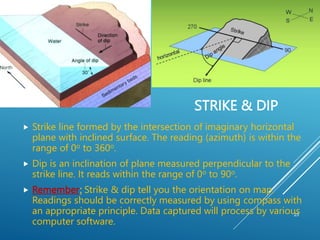 STRIKE & DIP
23
 Strike line formed by the intersection of imaginary horizontal
plane with inclined surface. The reading (azimuth) is within the
range of 0o to 360o.
 Dip is an inclination of plane measured perpendicular to the
strike line. It reads within the range of 0o to 90o.
 Remember: Strike & dip tell you the orientation on map.
Readings should be correctly measured by using compass with
an appropriate principle. Data captured will process by various
computer software.
 