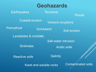 Geohazards
Earthquakes
Reactive soils
Volcanic eruptions
Tsunamis
Floods
Landslides & rockfalls
Karst and soluble rocks
Salinity
Soil erosion
Coastal erosion
Sinkholes Acidic soils
Contaminated soils
Permafrost
Salt water intrusion
Quicksand
 