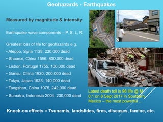 Geohazards - Earthquakes
Measured by magnitude & intensity
Earthquake wave components – P, S, L, R
Greatest loss of life for geohazards e.g.
• Aleppo, Syria 1138, 230,000 dead
• Shaanxi, China 1556, 830,000 dead
• Lisbon, Portugal 1755, 100,000 dead
• Gansu, China 1920, 200,000 dead
• Tokyo, Japan 1923, 140,000 dead
• Tangshan, China 1976, 242,000 dead
• Sumatra, Indonesia 2004, 230,000 dead
Knock-on effects = Tsunamis, landslides, fires, diseases, famine, etc.
Latest death toll is 96 life @ M
8.1 on 8 Sept 2017 in Southern
Mexico – the most powerful ..
 
