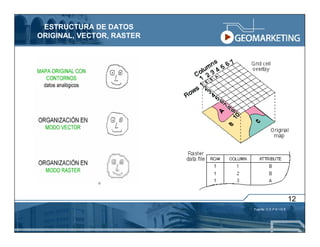 ESTRUCTURA DE DATOS
ORIGINAL, VECTOR, RASTER




                                                   12
                           Fuente: C E P E I G E
 