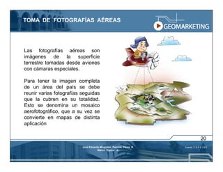 TOMA DE FOTOGRAFÍAS AÉREAS




Las fotografías aéreas son
imágenes de la superficie
terrestre tomadas desde aviones
con cámaras especiales.

Para tener la imagen completa
de un área del país se debe
reunir varias fotografías seguidas
que la cubren en su totalidad.
Esto se denomina un mosaico
aerofotográfico, que a su vez se
convierte en mapas de distinta
aplicación

                                                                                  20
                          José Eduardo Mogollón Patricio Pérez R.   Fuente: C E P E I G E
                                     Marco Tupiza A.
 