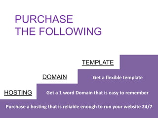 DOMAIN
HOSTING
TEMPLATE
Purchase a hosting that is reliable enough to run your website 24/7
Get a 1 word Domain that is easy to remember
Get a flexible template
PURCHASE
THE FOLLOWING
 