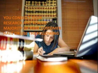 YOU CONDOCT YOUR
RESEARCH AND REALIZE
MAJORITY OF YOUR CUSTOMER
HAVE OR USE THE FOLLOWING
 