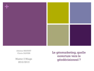 +




    Adeline MAUDET
     Clovis OLIVIER   Le géomarketing, quelle
                          ouverture vers le
    Master 2 Miage       géodécisionnel ?
      2012/2013
 