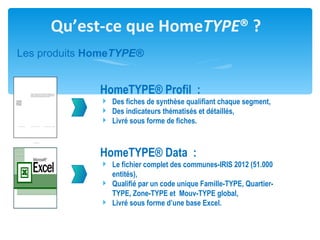 Qu’est-ce que HomeTYPE® ?
   Les produits HomeTYPE®

               FJ – AUX PORTES DE PARIS




                                                                                                                                      HomeTYPE® Profil :
                                          QJ32 – PARIS PRATIQUE
                                                         Les jeunes ménages de la proche banlieue

                                          QJ33 – OUEST CONFORT
                                                         Les gros revenus de l’Ouest

                                          QJ34 – CADRES DYNAMIQUES
                                                         Les jeunes cadres d’aujourd’hui

                                      Proches du centre parisien, cette famille francilienne rassemble plus de 1,3
                                      millions de ménages. Elle est composée de personnes seules ou
                                      monoparentales, cadres de bureau, avec des revenus confortables, âgées
                                      entre 25 à 35 ans, vivant en location dans des grands collectifs.




                                                                                                                                       Des fiches de synthèse qualifiant chaque segment,
CHIFFRES CLES                         CARACTERISTIQUES SUR REPRESENTEES

• 1.171 quartiers
• 1.376.011 foyers
• 3.000.515 hab
• 76,37% d’actifs
• 4.778 hab/km2




                                                                                                                                       Des indicateurs thématisés et détaillés,
POUVOIR D’ACHAT




COMPOSITION DES MENAGES              AGE DES PERSONNES                            CSP DE REFERENCE
                                                                                                                                       Livré sous forme de fiches.
     Beaucoup de personnes seules…   Les classes d’âge mûr bien representées…     Les cadres et prof intermédiaires très présentes…




                                                - Version 2.0 S epte mbre 2010-




                                                                                                                                      HomeTYPE® Data :
                                                                                                                                       Le fichier complet des communes-IRIS 2012 (51.000
                                                                                                                                        entités),
                                                                                                                                       Qualifié par un code unique Famille-TYPE, Quartier-
                                                                                                                                        TYPE, Zone-TYPE et Mouv-TYPE global,
                                                                                                                                       Livré sous forme d’une base Excel.
 