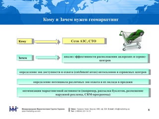 Кому и Зачем нужен геомаркетинг



Кому                                           Сети АЗС, СТО



Зачем                                      анализ эффективности расположения дилерских и сервис-
                                                                 центров


определение зон доступности и охвата (catchment areas) автосалонов и сервисных центров


             определение потенциала различных зон охвата и их вклада в продажи

  оптимизация маркетинговой активности (например, рассылка буклетов, размещение
                      наружной рекламы, CRM-программы)



  Международная Маркетинговая Группа Украина   Офис: Украина, Киев, Фрунзе, 69В, оф. 604. E-mail: info@marketing.ua
  www.marketing-ua.com                         Тел: (+38044) 331-14-14                                                8
 