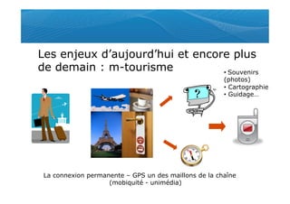 Les enjeux d’aujourd’hui et encore plus
de demain : m-tourisme           •  Souvenirs
                                                       (photos)
                                                       •  Cartographie
                                                       •  Guidage…




 La connexion permanente – GPS un des maillons de la chaîne
                    (mobiquité - unimédia)
 