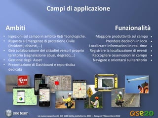 Campi di applicazione

 Ambiti                                                                                      Funzionalità
• Ispezioni sul campo in ambito Reti Tecnologiche.      Maggiore produttività sul campo                 
• Risposta a Emergenze di protezione Civile                    Prendere decisioni in loco               
  (incidenti, dissesti,…)                           Localizzare informazioni in real-time               
• Geo collaborazione dei cittadini verso il proprio Registrare la localizzazione di eventi              
  territorio (segnalazione abusi, degrado,…)          Raccogliere osservazioni in campo                 
• Gestione degli Asset                                Navigare e orientarsi sul territorio              
• Presentazione di Dashboard e reportistica
  dedicata




                     Le nuove opportunità GIS WEB della piattaforma ESRI – Assago 27 Novembre 2012
 