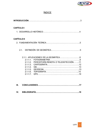 LUFFI 2
ÍNDICE
INTRODUCCIÓN………………………………………………………………………3
CAPÍTULO I
1. DESARROLLO HISTÓRICO…………………………………………………4
CAPÍTULO II
2. FUNDAMENTACIÓN TEÓRICA……………………………………………..5
2.1. DEFINICIÓN DE GEOMÁTICA………………………………………5
2.1.1. APLICACIONES DE LA GEOMÁTICA………………………….8
2.1.1.1. FOTOGRAMETRÍA………………………………………..8
2.1.1.2. PERCEPCIÓN REMOTA O TELEDETECCIÓN……...11
2.1.1.3. CARTOGRAFÍA…………………………………………..12
2.1.1.4. GIS…………………………………………………………13
2.1.1.5. GEODESIA………………………………………………..13
2.1.1.6. TOPOGRAFÍA…………………………………………....15
2.1.1.7. GPS………………………………………………………..16
III. CONCLUSIONES………………………………………………………..17
IV. BIBLIOGRAFÍA…………………………………………………………..18
 