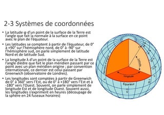 2-3 Systèmes de coordonnées
• La latitude ϕ d’un point de la surface de la Terre est
l’angle que fait la normale à la surface en ce point
avec le plan de l’équateur.
• Les latitudes se comptent à partir de l’équateur, de 0°
à +90° sur l’hémisphère nord, de 0° à -90° sur
l’hémisphère sud, on parle simplement de latitude
Nord et de latitude Sud.
• La longitude λ d’un point de la surface de la Terre est
l’angle dièdre que fait le plan méridien passant par ce
point avec un plan méridien origine ; par convention
internationale, ce dernier est celui passant par
Greenwich (observatoire de Londres).
• Les longitudes sont comptées à partir de Greenwich
de 0° à 360° vers l’Est, ou de 0° à +180° vers l’Est et à
-180° vers l’Ouest. Souvent, on parle simplement de
longitude Est et de longitude Ouest. Souvent aussi,
les longitudes s’expriment en heures (découpage de
la sphère en 24 fuseaux horaires)
 