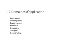 1-2 Domaines d’application
• Construction
• Aménagement
• Environnement
• Économie
• Géographie
• Transport
• Géomarketing
 