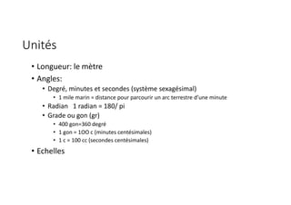 Unités
• Longueur: le mètre
• Angles:
• Degré, minutes et secondes (système sexagésimal)
• 1 mile marin = distance pour parcourir un arc terrestre d’une minute
• Radian 1 radian = 180/ pi
• Grade ou gon (gr)
• 400 gon=360 degré
• 1 gon = 1OO c (minutes centésimales)
• 1 c = 100 cc (secondes centésimales)
• Echelles
 