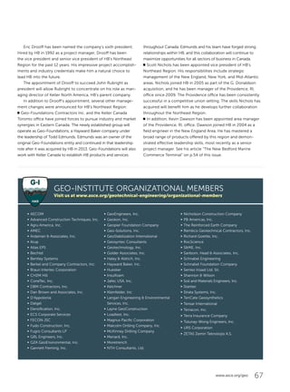 67www.asce.org/geo
Eric Drooff has been named the company’s sixth president.
Hired by HB in 1992 as a project manager, Drooff has been
the vice president and senior vice president of HB’s Northeast
Region for the past 12 years. His impressive project accomplish-
ments and industry credentials make him a natural choice to
lead HB into the future.
The appointment of Drooff to succeed John Rubright as
president will allow Rubright to concentrate on his role as man-
aging director of Keller North America, HB’s parent company.
In addition to Drooff’s appointment, several other manage-
ment changes were announced for HB’s Northeast Region:
oo Geo-Foundations Contractors Inc. and the Keller Canada
Toronto office have joined forces to pursue industry and market
synergies in Eastern Canada. The newly established group will
operate as Geo-Foundations, a Hayward Baker company under
the leadership of Todd Edmunds. Edmunds was an owner of the
original Geo-Foundations entity and continued in that leadership
role after it was acquired by HB in 2013. Geo-Foundations will also
work with Keller Canada to establish HB products and services
throughout Canada. Edmunds and his team have forged strong
relationships within HB, and this collaboration will continue to
maximize opportunities for all sectors of business in Canada.
oo Scott Nichols has been appointed vice president of HB’s
Northeast Region. His responsibilities include strategic
management of the New England, New York, and Mid-Atlantic
areas. Nichols joined HB in 2005 as part of the G. Donaldson
acquisition, and he has been manager of the Providence, RI,
office since 2009. The Providence office has been consistently
successful in a competitive union setting. The skills Nichols has
acquired will benefit him as he develops further collaboration
throughout the Northeast Region.
oo In addition, Kevin Dawson has been appointed area manager
of the Providence, RI, office. Dawson joined HB in 2004 as a
field engineer in the New England Area. He has mastered a
broad range of products offered by this region and demon-
strated effective leadership skills, most recently as a senior
project manager. See his article “The New Bedford Marine
Commerce Terminal” on p.54 of this issue.
GEO-INSTITUTE ORGANIZATIONAL MEMBERS
Visit us at www.asce.org/geotechnical-engineering/organizational-members
j AECOM
j Advanced Construction Techniques, Inc.
j Agru America, Inc.
j AMEC
j Ardaman  Associates, Inc.
j Arup
j Atlas EPS
j Bechtel
j Bentley Systems
j Berkel and Company Contractors, Inc.
j Braun Intertec Corporation
j CH2M Hill
j ConeTec, Inc.
j DBM Contractors, Inc.
j Dan Brown and Associates, Inc.
j D’Appolonia
j Datgel
j Densification, Inc.
j ECS Corporate Services
j FECON JSC
j Fudo Construction, Inc.
j Fugro Consultants LP
j GRL Engineers, Inc.
j GZA GeoEnvironmental, Inc.
j Gannett Fleming, Inc.
j GeoEngineers, Inc.
j Geokon, Inc.
j Geopier Foundation Company
j Geo-Solutions, Inc.
j GeoStabilization International
j Geosyntec Consultants
j Geotechnology, Inc.
j Golder Associates, Inc.
j Haley  Aldrich, Inc.
j Hayward Baker, Inc.
j Huesker
j Insulfoam
j Jafec USA, Inc.
j Kelchner
j Kleinfelder, Inc
j Langan Engineering  Environmental
Services, Inc.
j Layne GeoConstruction
j Loadtest, Inc.
j Magnus Pacific Corporation
j Malcolm Drilling Company, Inc.
j McKinney Drilling Company
j Menard, Inc.
j Moretrench
j NTH Consultants, Ltd.
j Nicholson Construction Company
j PB Americas, Inc.
j The Reinforced Earth Company
j Rembco Geotechnical Contractors, Inc.
j Richard Goettle, Inc.
j RocScience
j SME, Inc.
j Sanborn, Head  Associates, Inc.
j Schnabel Engineering
j Schnabel Foundation Company
j Sentez Insaat Ltd. Sti.
j Shannon  Wilson
j Soil and Materials Engineers, Inc.
j Stantec
j Strata Systems, Inc.
j TenCate Geosynthetics
j Tensar International
j Terracon, Inc.
j Terra Insurance Company
j Tolunay-Wong Engineers, Inc.
j URS Corporation
j ZETAS Zemin Teknolojisi A.S.
 