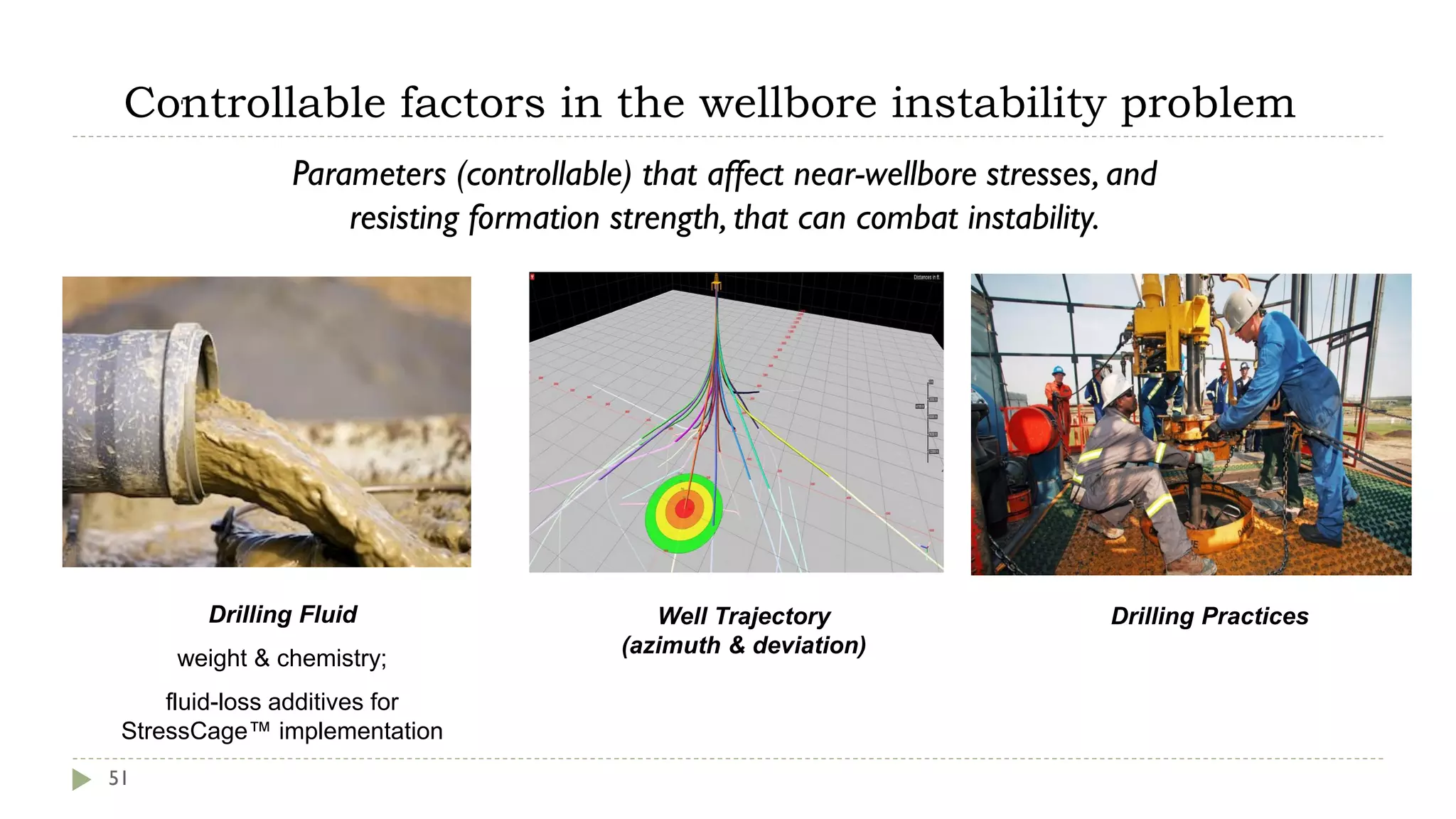 Controllable factors in the wellbore instability problem
51
Well Trajectory
(azimuth & deviation)
Drilling Fluid
weight & chemistry;
fluid-loss additives for
StressCage™ implementation
Drilling Practices
Parameters (controllable) that affect near-wellbore stresses, and
resisting formation strength, that can combat instability.
 