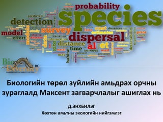 Д.ЭНХБИЛЭГ
Хөхтөн амьтны экологийн нийгэмлэг
Биологийн төрөл зүйлийн амьдрах орчны
зураглалд Максент загварчлалыг ашиглах нь
 