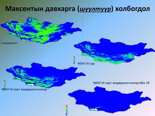Максентын давхарга (шүүлтүүр) холбогдол
өндөршил
NDVI VI сар
NDVI VI сар+ өндөршил+налуу
NDVI VI сар+ өндөршил+налуу+Bio 19
 