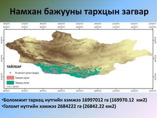 Намхан бажууны тархцын загвар
•Боломжит тархац нутгийн хэмжээ 16997012 га (169970.12 км2)
•Голомт нутгийн хэмжээ 2684222 га (26842.22 км2)
 