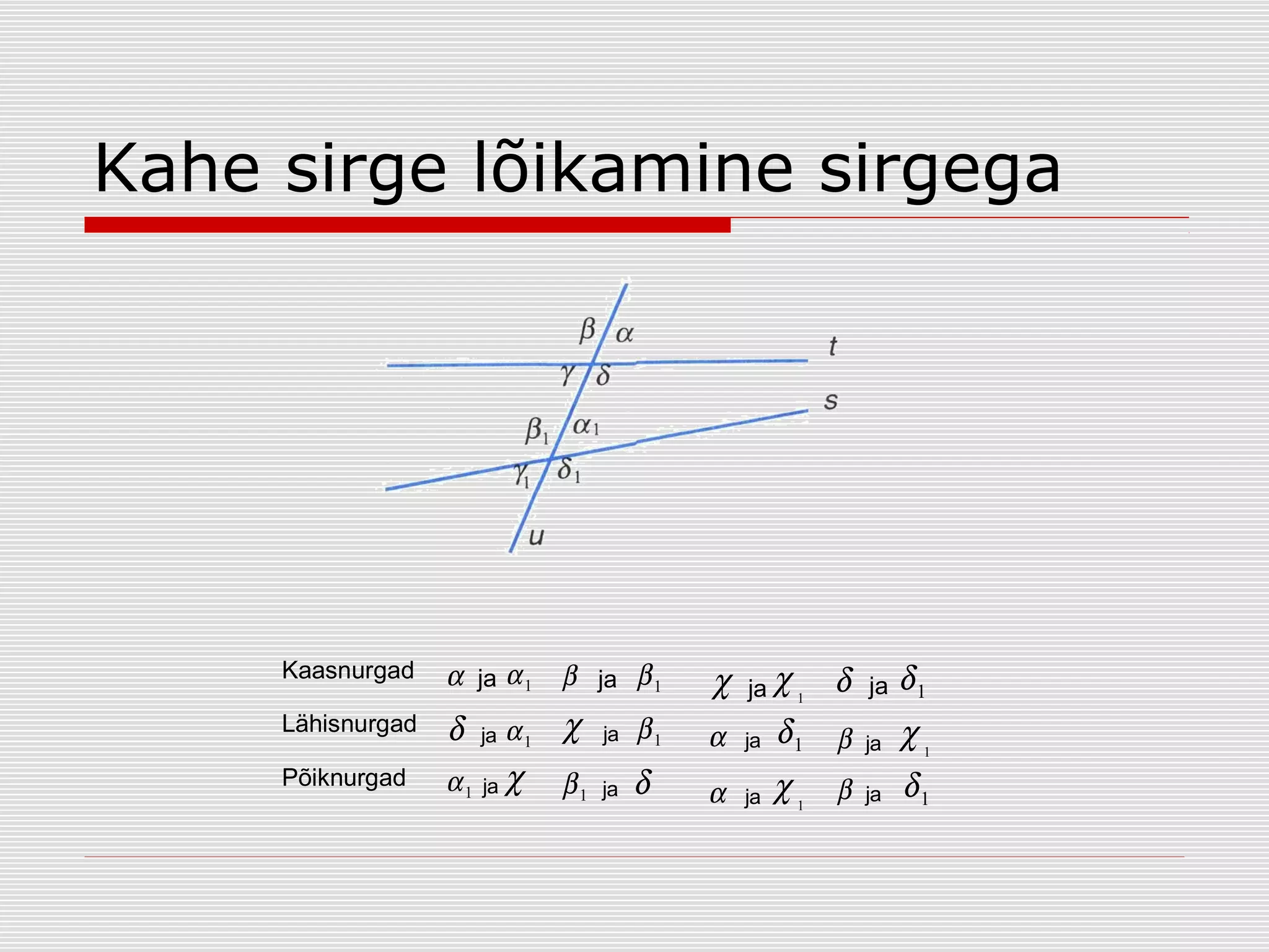 Kahe sirge lõikamine sirgega

χ

ja χ 1

β1

α

ja

δ

α

ja

Kaasnurgad

α ja α 1 β ja β 1

Lähisnurgad

δ

ja

α1

χ

ja

Põiknurgad

α1

ja

χ

β1

ja

δ

δ1 β
χ1 β

ja

δ1

ja

χ1

ja

δ1

 