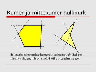 Kumer ja mittekumer hulknurk

Hulknurka nimetatakse kumeraks kui ta asetseb ühel pool
mistahes sirgest, mis on saadud külje pikendamise teel.

 