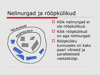 Nelinurgad ja rööpkülikud
 Kõik nelinurgad ei
ole rööpkülikud.
 Kõik rööpkülikud
on aga nelinurgad.
 Rööpküliku
tunnuseks on kaks
paari võrseid ja
paralleelseid
vastaskülgi.

 