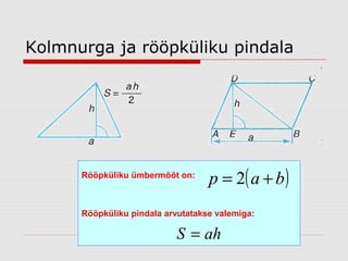 Kolmnurga ja rööpküliku pindala

Rööpküliku ümbermõõt on:

p = 2( a + b )

Rööpküliku pindala arvutatakse valemiga:

S = ah

 