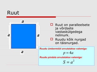 Ruut
 Ruut on paralleelsete
ja võrdsete
vastaskülgedega
nelinurk.
 Ruudu kõik nurgad
on täisnurgad.
Ruudu ümbermõõt arvutatakse valemiga:

p = 4a
Ruudu pindala arvutatakse valemiga:

S=a

2

 