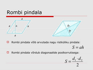 Rombi pindala

 Rombi pindala võib arvutada nagu ristküliku pindala:

S = ah
 Rombi pindala võrdub diagonaalide poolkorrutisega:

d1 ⋅ d 2
S=
2

 