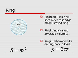 Ring
 Ringjoon koos ringi
sees oleva tasandiga
moodustavad ringi.
 Ringi pindala saab
arvutada valemiga:
 Ringi ümbermõõduks
on ringjoone pikkus.

S = πr

2

p = 2πr

 