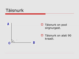 Täisnurk
 Täisnurk on pool
sirgnurgast.
 Täisnurk on alati 90
kraadi.

 
