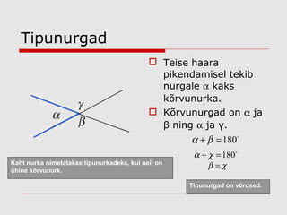Tipunurgad
 Teise haara
pikendamisel tekib
nurgale α kaks
kõrvunurka.
 Kõrvunurgad on α ja
β ning α ja γ.

α + β = 180
Kaht nurka nimetatakse tipunurkadeks, kui neil on
ühine kõrvunurk.

α + χ = 180
β =χ

Tipunurgad on võrdsed.

 
